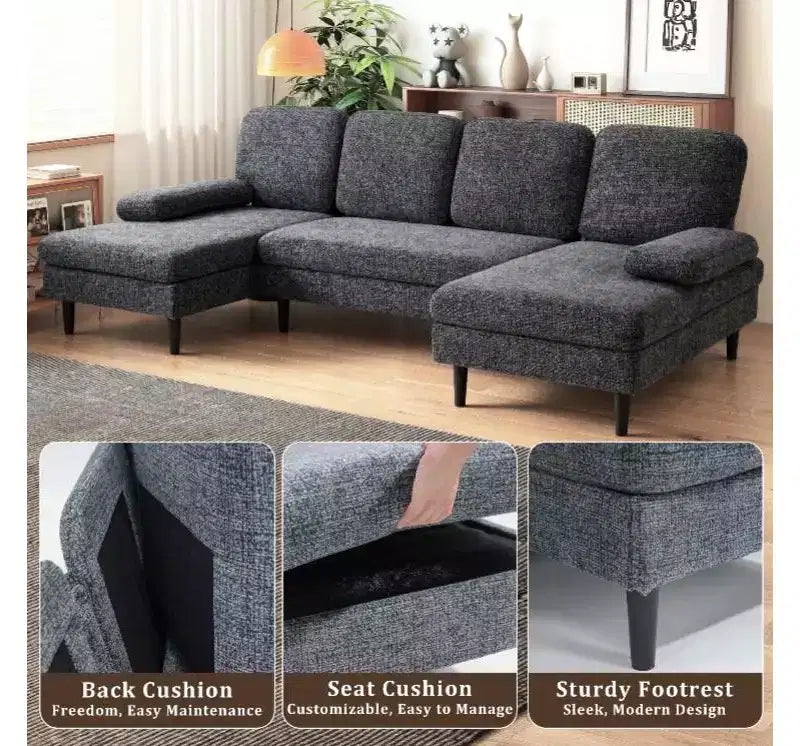 Canapé d'angle en U avec double chaise longue en tissu chenille, 4 places, meuble de salon