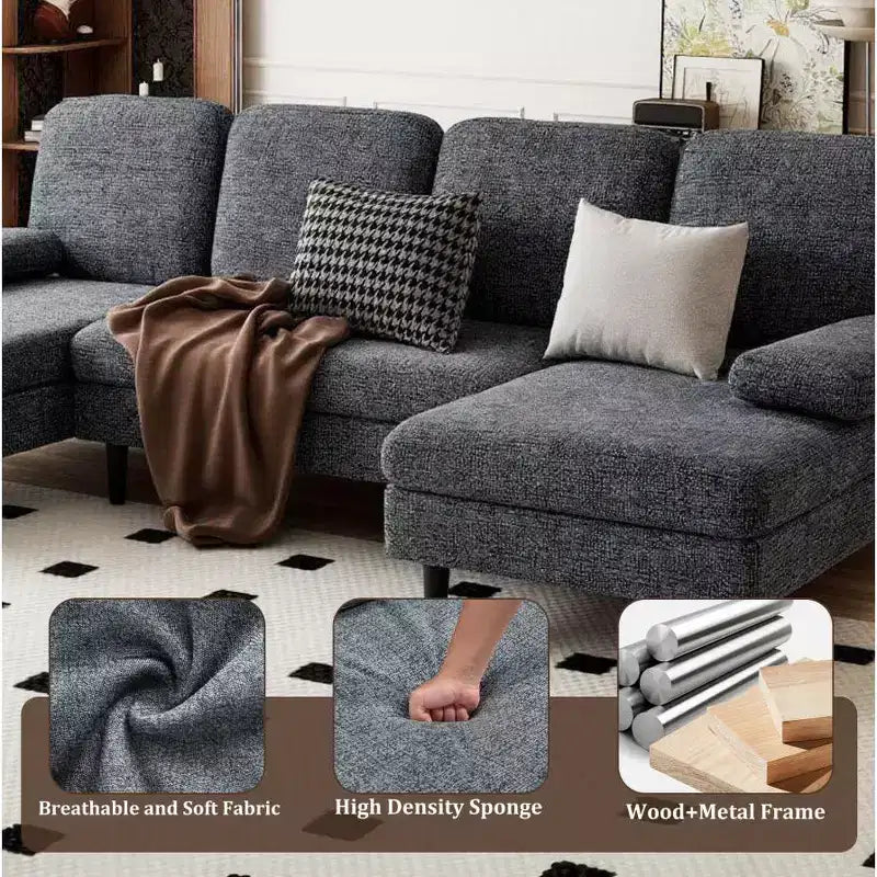 Canapé d'angle en U avec double chaise longue en tissu chenille, 4 places, meuble de salon