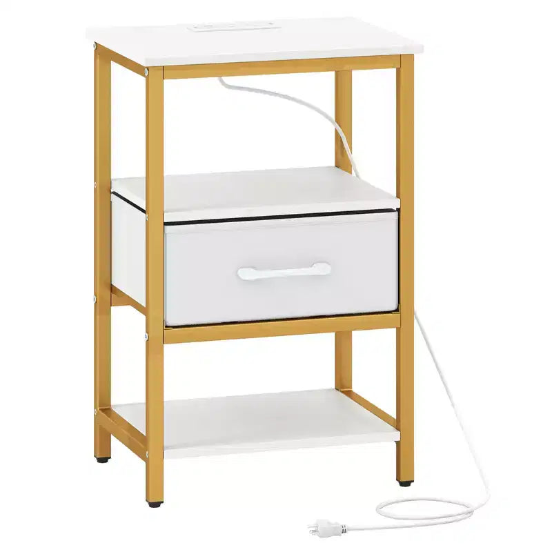 Table de chevet Costway avec station de charge, tiroir en tissu et étagères de rangement ouvertes, cadre en métal
