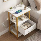 Table de chevet Costway avec station de charge, tiroir en tissu et étagères de rangement ouvertes, cadre en métal