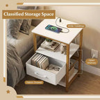 Table de chevet Costway avec station de charge, tiroir en tissu et étagères de rangement ouvertes, cadre en métal