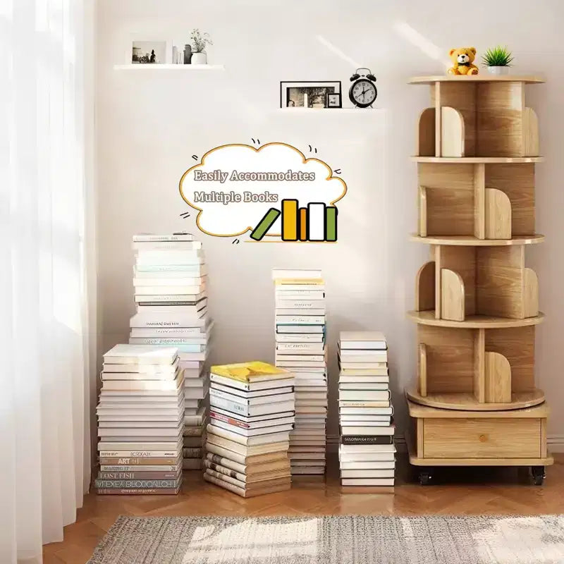 VIYET 56 Bibliothèque rotative à 5 niveaux à 360°, Tour en MDF Chêne avec Roulettes et Tiroir (Rangement Gain de Place pour Maison/Bureau)