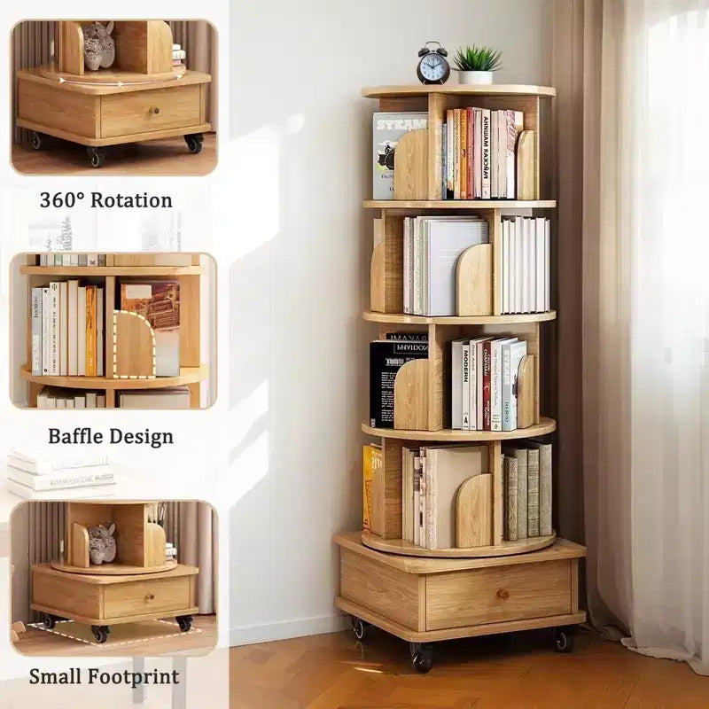 VIYET 56 Bibliothèque rotative à 5 niveaux à 360°, Tour en MDF Chêne avec Roulettes et Tiroir (Rangement Gain de Place pour Maison/Bureau)