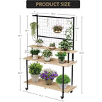 Support pour plantes mural à grille, 3 niveaux, grille métallique robuste avec étagères et crochets réglables, étagère à plantes polyvalente pour intérieur et extérieur, pour jardin et maison