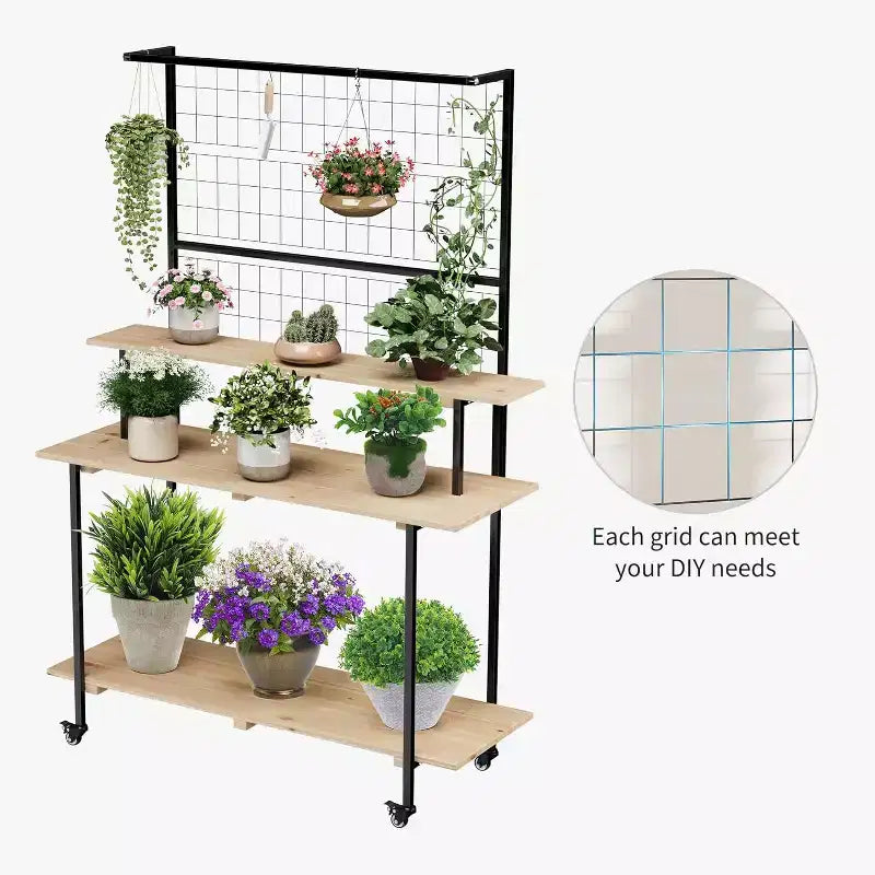 Support pour plantes mural à grille, 3 niveaux, grille métallique robuste avec étagères et crochets réglables, étagère à plantes polyvalente pour intérieur et extérieur, pour jardin et maison