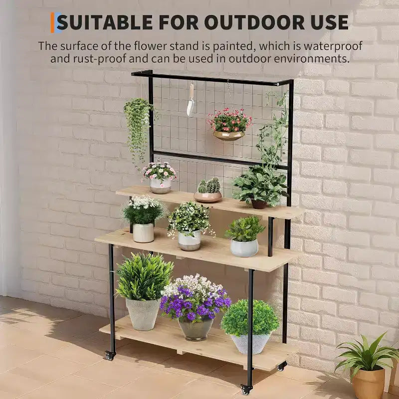 Support pour plantes mural à grille, 3 niveaux, grille métallique robuste avec étagères et crochets réglables, étagère à plantes polyvalente pour intérieur et extérieur, pour jardin et maison