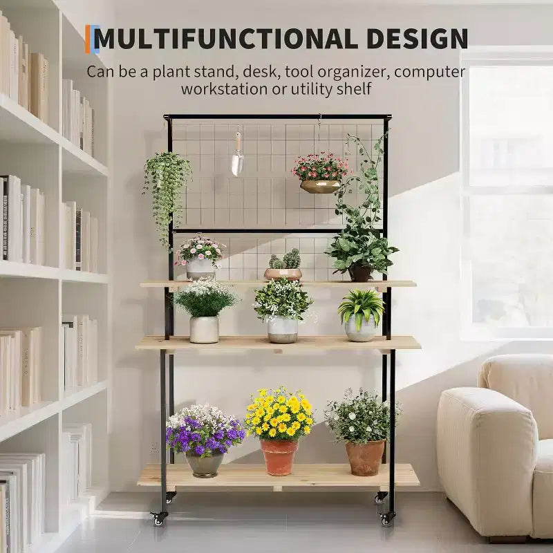 Support pour plantes mural à grille, 3 niveaux, grille métallique robuste avec étagères et crochets réglables, étagère à plantes polyvalente pour intérieur et extérieur, pour jardin et maison