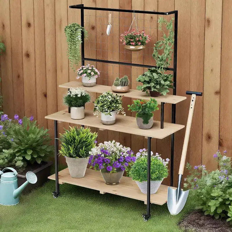 Support pour plantes mural à grille, 3 niveaux, grille métallique robuste avec étagères et crochets réglables, étagère à plantes polyvalente pour intérieur et extérieur, pour jardin et maison