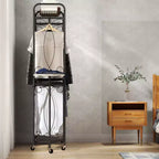 Étagère de rangement multifonctionnelle avec tringles et tablettes, panier métallique à roulettes, adaptée aux salles de bains, buanderies et chambres à coucher.