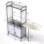 Étagère de rangement multifonctionnelle avec tringles et tablettes, panier métallique à roulettes, adaptée aux salles de bains, buanderies et chambres à coucher.
