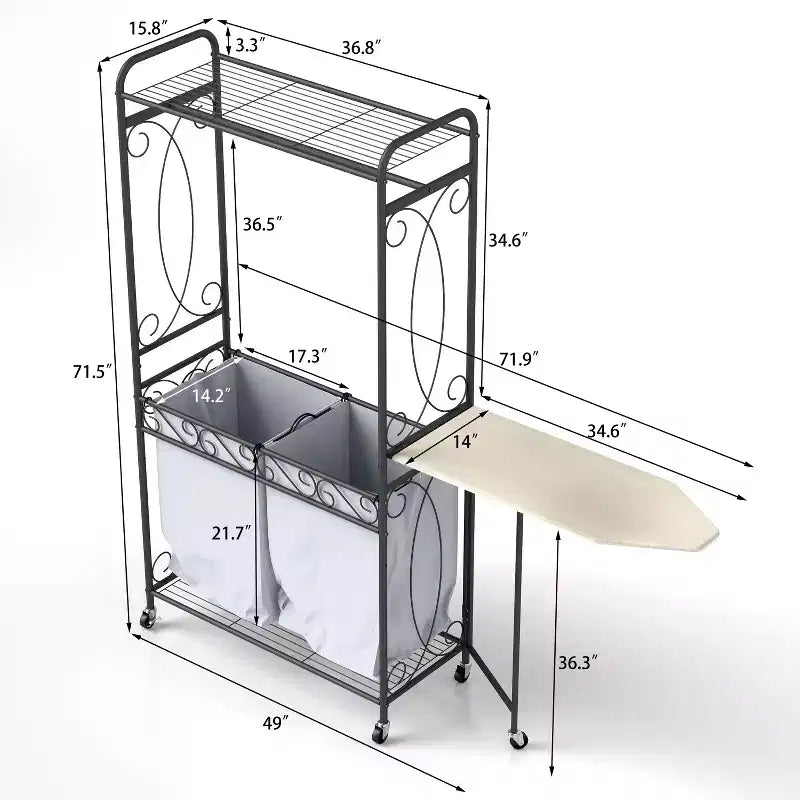 Étagère de rangement multifonctionnelle avec tringles et tablettes, panier métallique à roulettes, adaptée aux salles de bains, buanderies et chambres à coucher.