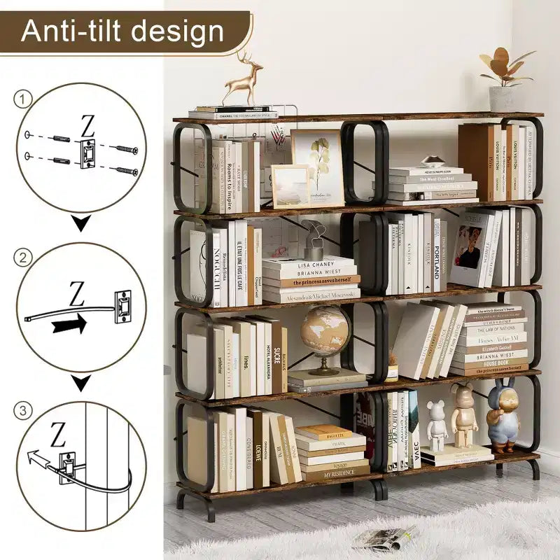 VIYET 6311.863 Étagère bibliothèque industrielle à 5 niveaux – MDF marron rustique + cadre en fer, anti-basculement