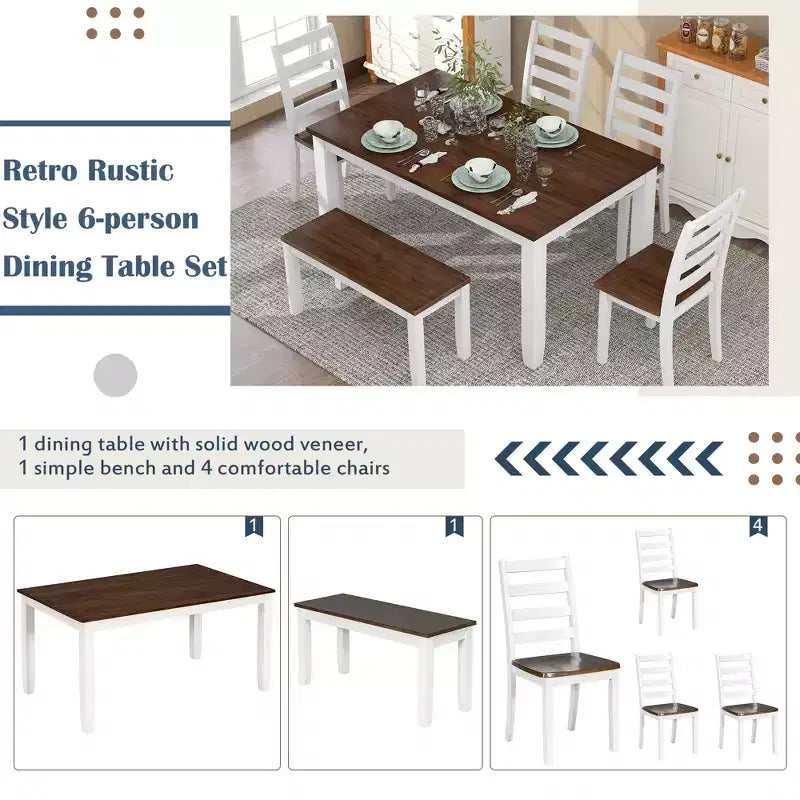 Ensemble de salle à manger 6 pièces en bois pour 6 personnes, table à manger rectangulaire avec 4 chaises rembourrées et un banc