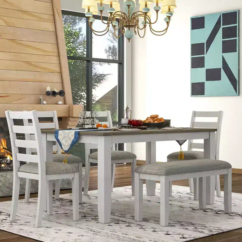 Ensemble de salle à manger 6 pièces en bois pour 6 personnes, table à manger rectangulaire avec 4 chaises rembourrées et un banc
