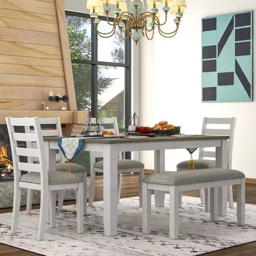 Ensemble de salle à manger 6 pièces en bois pour 6 personnes, table à manger rectangulaire avec 4 chaises rembourrées et un banc