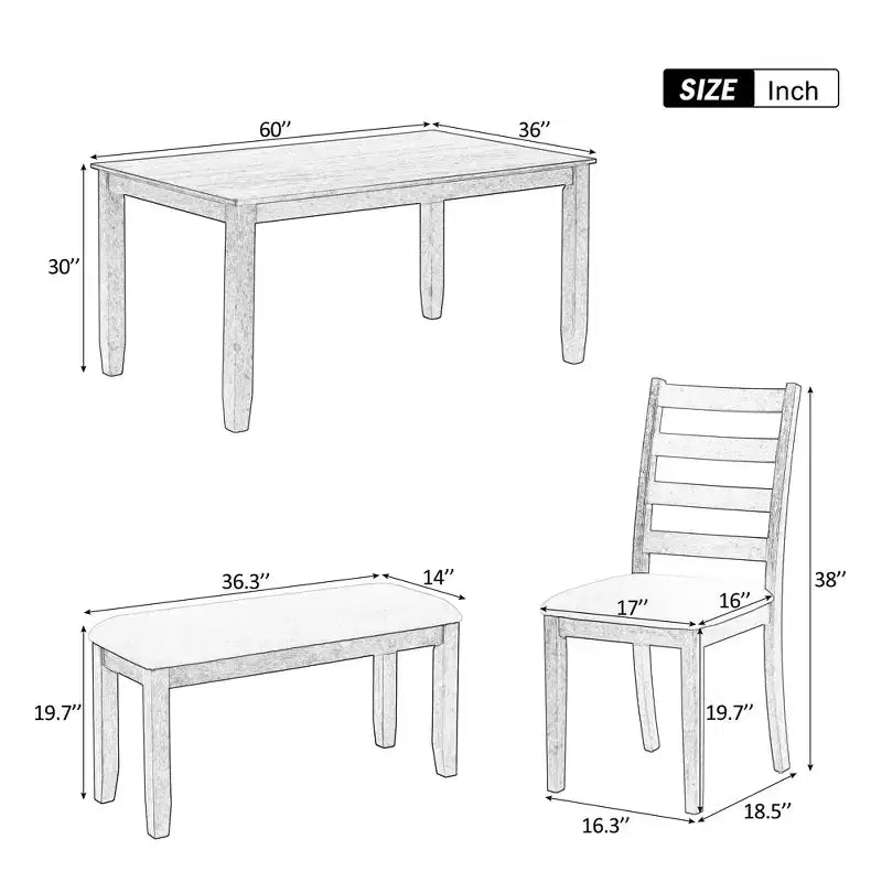 Ensemble de salle à manger 6 pièces en bois pour 6 personnes, table à manger rectangulaire avec 4 chaises rembourrées et un banc