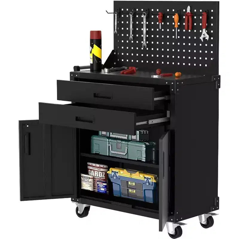Servante d'atelier mobile en acier robuste de 35" avec 2 tiroirs profonds, étagères réglables et panneau perforé, roulettes verrouillables, organisateur de rangement de garage mobile