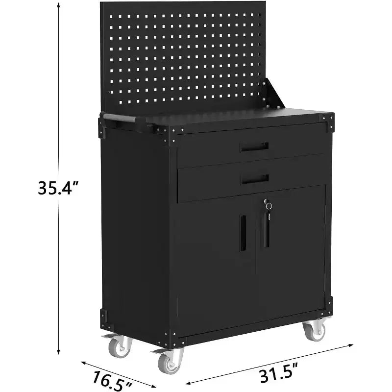 Servante d'atelier mobile en acier robuste de 35" avec 2 tiroirs profonds, étagères réglables et panneau perforé, roulettes verrouillables, organisateur de rangement de garage mobile