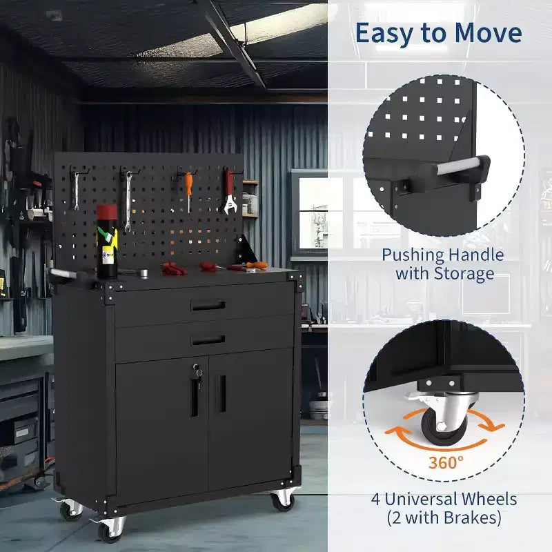 Servante d'atelier mobile en acier robuste de 35" avec 2 tiroirs profonds, étagères réglables et panneau perforé, roulettes verrouillables, organisateur de rangement de garage mobile