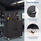 Servante d'atelier mobile en acier robuste de 35" avec 2 tiroirs profonds, étagères réglables et panneau perforé, roulettes verrouillables, organisateur de rangement de garage mobile