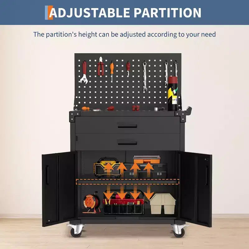 Servante d'atelier mobile en acier robuste de 35" avec 2 tiroirs profonds, étagères réglables et panneau perforé, roulettes verrouillables, organisateur de rangement de garage mobile