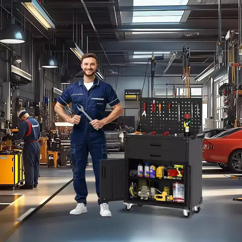 Servante d'atelier mobile en acier robuste de 35" avec 2 tiroirs profonds, étagères réglables et panneau perforé, roulettes verrouillables, organisateur de rangement de garage mobile