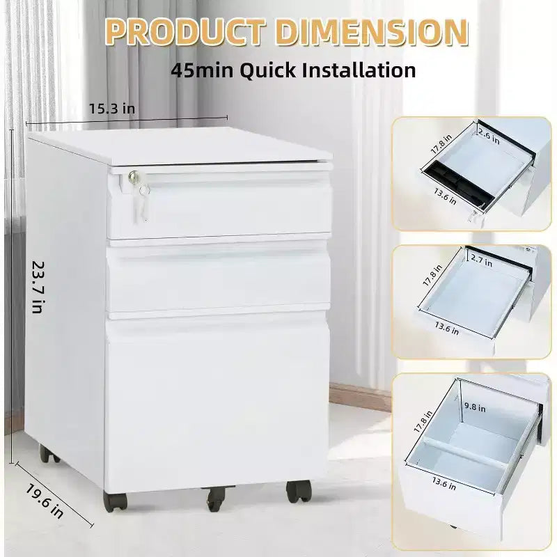 Classeur mobile à 3 tiroirs, meuble de rangement métallique roulant sous le bureau avec serrure et roue anti-basculement pour l'organisation du bureau à domicile, dossiers suspendus
