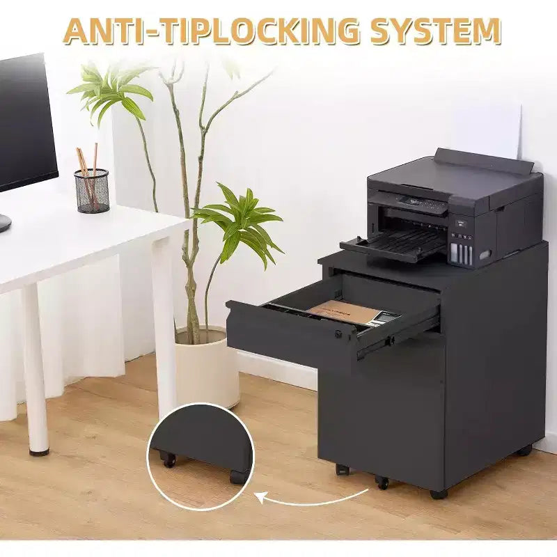 Classeur mobile à 3 tiroirs, meuble de rangement métallique roulant sous le bureau avec serrure et roue anti-basculement pour l'organisation du bureau à domicile, dossiers suspendus
