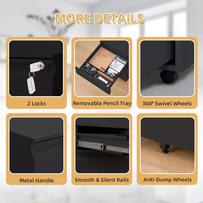 Classeur mobile à 3 tiroirs, meuble de rangement métallique roulant sous le bureau avec serrure et roue anti-basculement pour l'organisation du bureau à domicile, dossiers suspendus