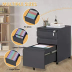 Classeur mobile à 3 tiroirs, meuble de rangement métallique roulant sous le bureau avec serrure et roue anti-basculement pour l'organisation du bureau à domicile, dossiers suspendus