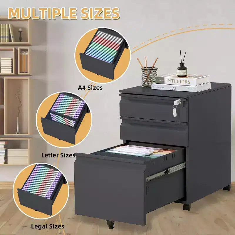 Classeur mobile à 3 tiroirs, meuble de rangement métallique roulant sous le bureau avec serrure et roue anti-basculement pour l'organisation du bureau à domicile, dossiers suspendus