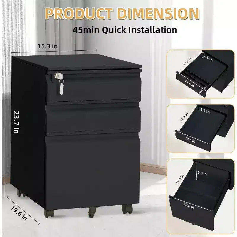 Classeur mobile à 3 tiroirs, meuble de rangement métallique roulant sous le bureau avec serrure et roue anti-basculement pour l'organisation du bureau à domicile, dossiers suspendus