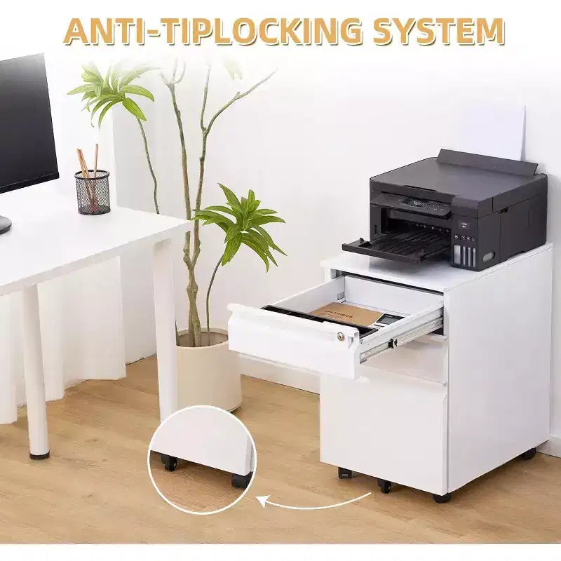 Classeur mobile à 3 tiroirs, meuble de rangement métallique roulant sous le bureau avec serrure et roue anti-basculement pour l'organisation du bureau à domicile, dossiers suspendus