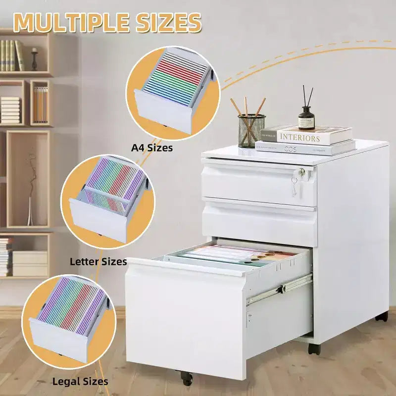 Classeur mobile à 3 tiroirs, meuble de rangement métallique roulant sous le bureau avec serrure et roue anti-basculement pour l'organisation du bureau à domicile, dossiers suspendus
