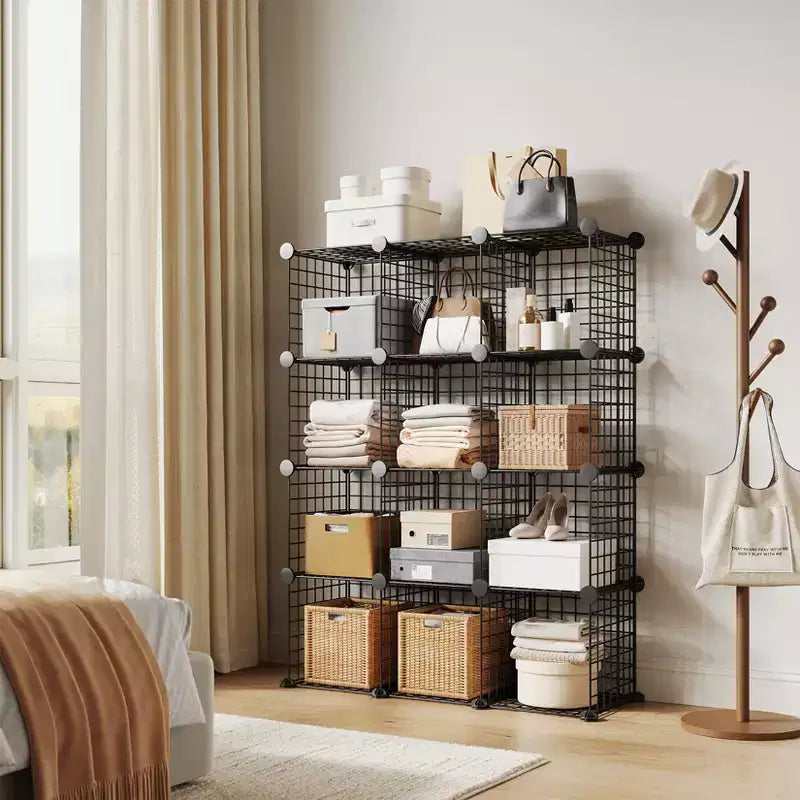Étagère de Rangement Modulable 12 Cubes en Métal, Organiseur de Rangement en Treillis, pour Placard, Bureau, Chambre à Coucher