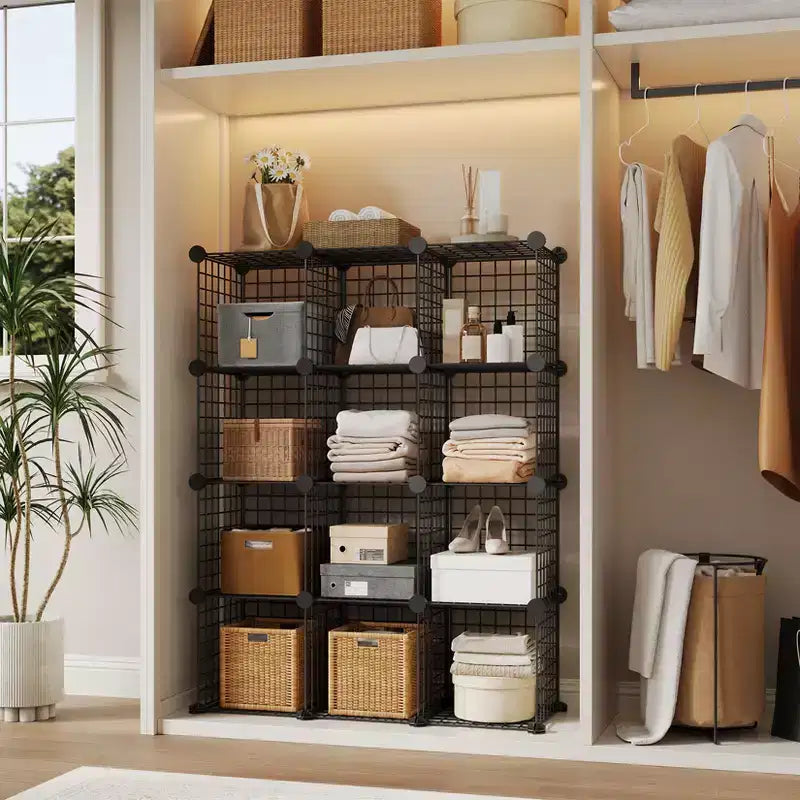 Étagère de Rangement Modulable 12 Cubes en Métal, Organiseur de Rangement en Treillis, pour Placard, Bureau, Chambre à Coucher