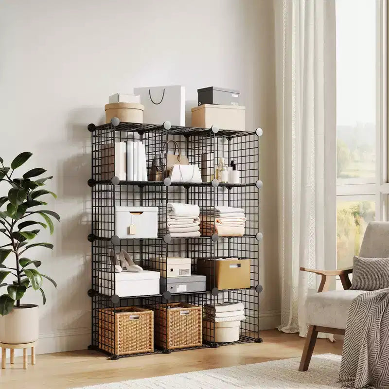 Étagère de Rangement Modulable 12 Cubes en Métal, Organiseur de Rangement en Treillis, pour Placard, Bureau, Chambre à Coucher