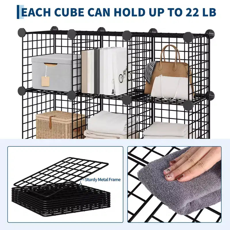 Étagère de Rangement Modulable 12 Cubes en Métal, Organiseur de Rangement en Treillis, pour Placard, Bureau, Chambre à Coucher