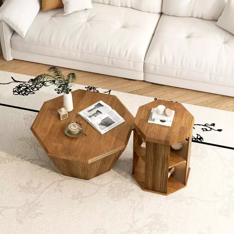 MAYEERTY 31.5 Table basse octogonale en bois de caoutchouc naturel, lot de deux, pour salon et chambre à coucher, beige