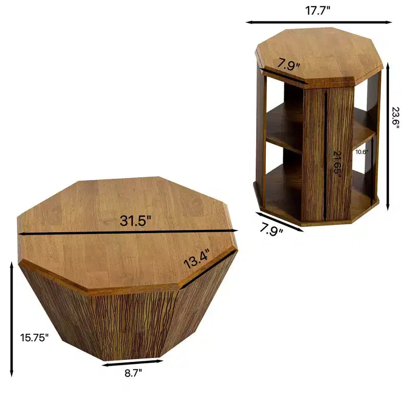 MAYEERTY 31.5 Table basse octogonale en bois de caoutchouc naturel, lot de deux, pour salon et chambre à coucher, beige