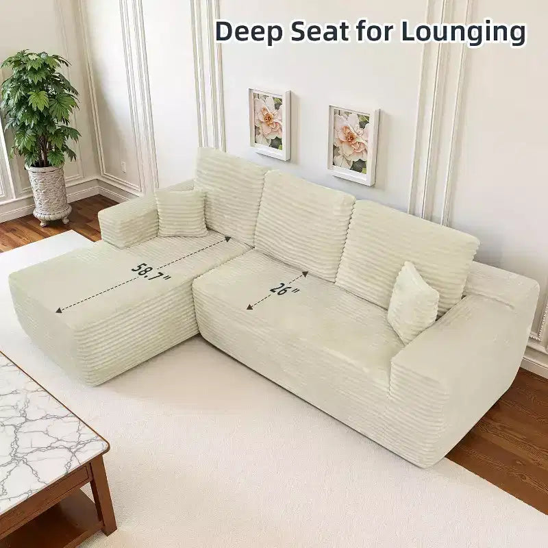 MooxvMoo 105Canapé modulaire sectionnel avec coussin décoratif et assise profonde, canapé d'angle confortable en peluche avec méridienne pour salon, aucun assemblage requis, beige