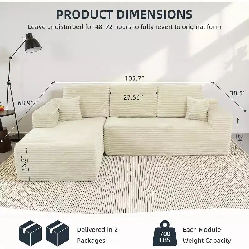 MooxvMoo 105Canapé modulaire sectionnel avec coussin décoratif et assise profonde, canapé d'angle confortable en peluche avec méridienne pour salon, aucun assemblage requis, beige