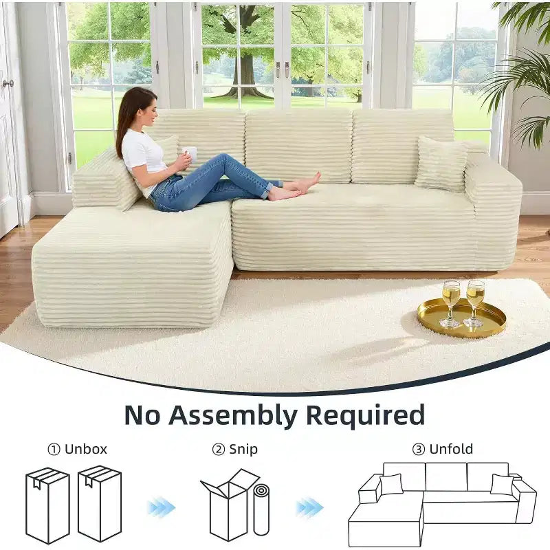 MooxvMoo 105Canapé modulaire sectionnel avec coussin décoratif et assise profonde, canapé d'angle confortable en peluche avec méridienne pour salon, aucun assemblage requis, beige