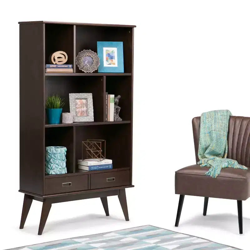 Tierney Bois massif 64 po x 35 po Bibliothèque large et meuble de rangement Mid-Century Modern