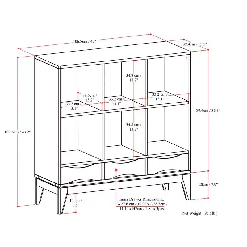 Meuble de rangement bas 6 cases avec tiroirs Pearson en bois massif, noyer brun, 43 po x 42 po, style moderne du milieu du siècle