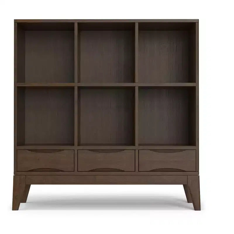 Meuble de rangement bas 6 cases avec tiroirs Pearson en bois massif, noyer brun, 43 po x 42 po, style moderne du milieu du siècle
