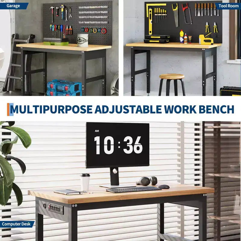 Établi à hauteur réglable de 60 po, table de travail en bois capacité max. 2200 LBS, poste de travail robuste pour garage, atelier, maison, bureau