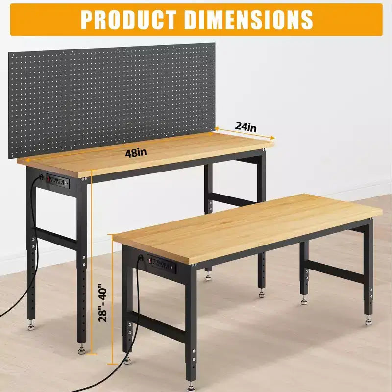 Établi à hauteur réglable de 60 po, table de travail en bois capacité max. 2200 LBS, poste de travail robuste pour garage, atelier, maison, bureau