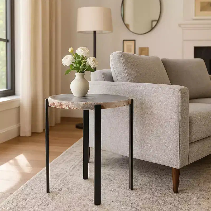 Contemporary End Table, Side Table, or Night Stand - Unique Raw Edge Agate Stone Top for Bedroom or Living Room Decor - 20 Black & White