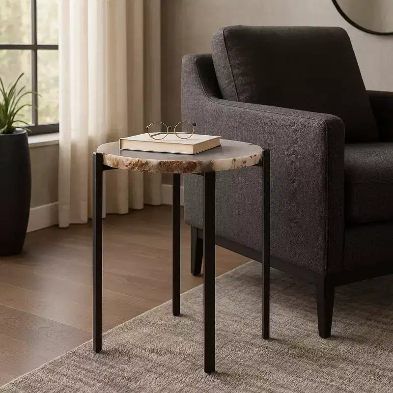 Table d'appoint contemporaine, table de chevet ou table de nuit - Plateau unique en agate brute pour la décoration de la chambre ou du salon - 20 Noir et blanc